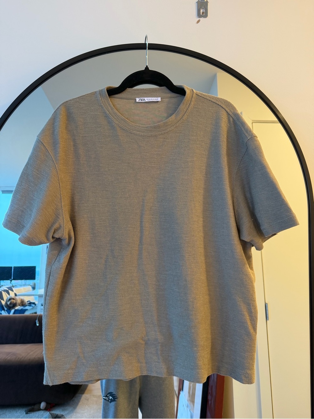 Zara Men Short Sleeve Crewneck T-Shirt in Light Olive- Knit Fabric
